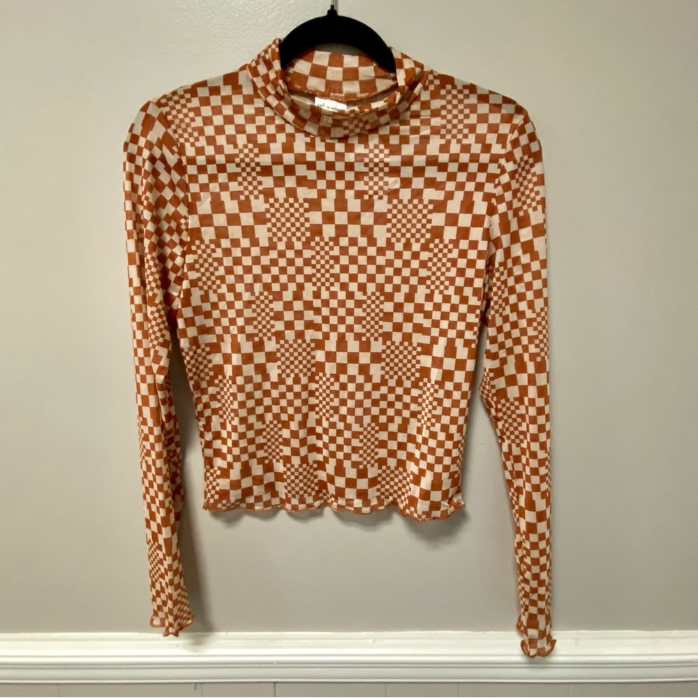 Dark Orange Checkerboard Design Sz L Self Esteem Sheer Top NWT